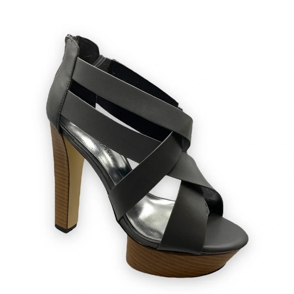 𝅺just Fab Hazel Gray and Brown Platform Heeled Sandals | Size 8.5